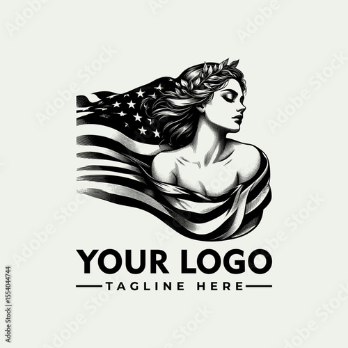 Elegant woman draped in an American flag, logo design.