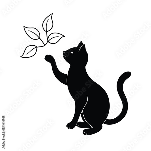 Playful black cat gently pawing at delicate floating autumn leaves against a clean white background a charming and whimsical illustration