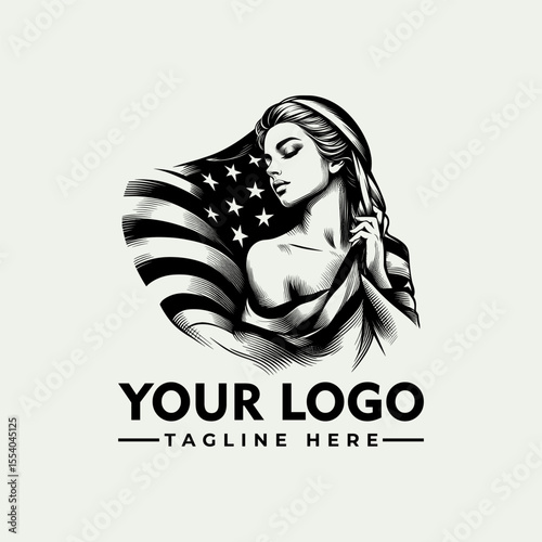 A woman draped in the American flag, a patriotic illustration.