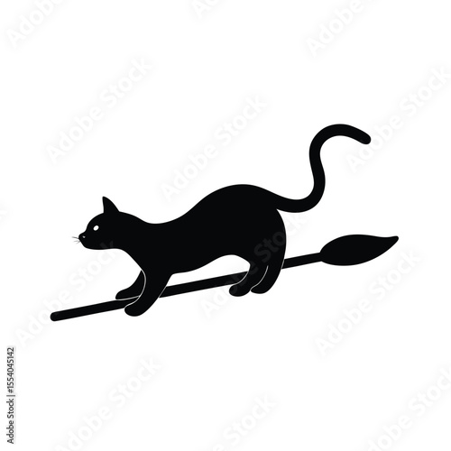 Mysterious black cat gracefully soaring on a broomstick against a clean white background perfect for halloween or fantasy themes
