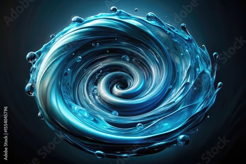 Dynamic swirling blue liquid vortex with droplets and bubbles