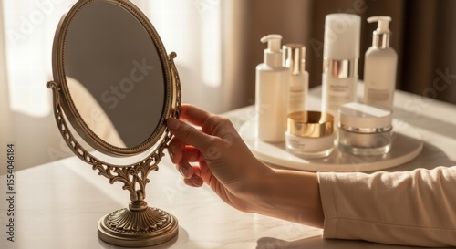 Vintage Mirror Reflection in Modern Vanity