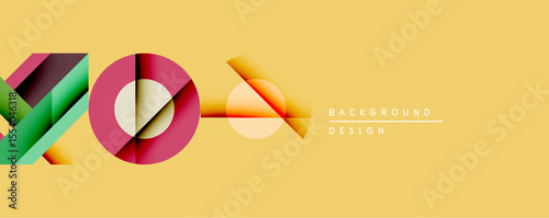 Abstract geometric composition. Overlapping shapes create dynamic visual effect. Warm yellow backdrop complements vibrant red, green hues. Modern design element.