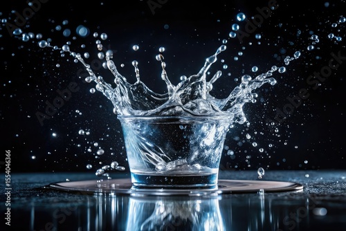 Dynamic water splash captured mid air above a glass