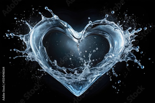 Dynamic heart shape formed by splashing water against a dark background