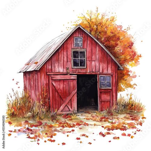 watercolor vector of Barn Surrounded By Leaves, isolated on a white background.