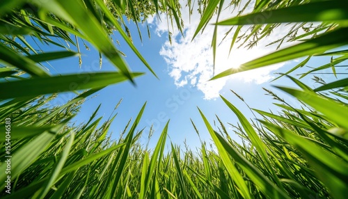 Green Grass Field Looking Up at Sunny Sky