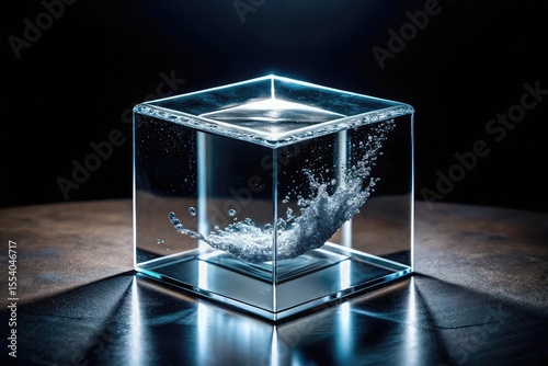 Dynamic water splash frozen inside a glowing geometric glass cube