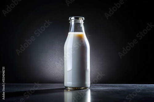 Glass bottle filled with white liquid and a hint of brownish hue
