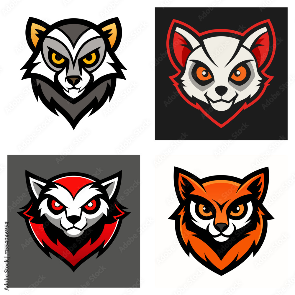 Fototapeta premium Collection of four stylized animal head logos featuring raccoon, lemur and fox designs in vibrant colors
