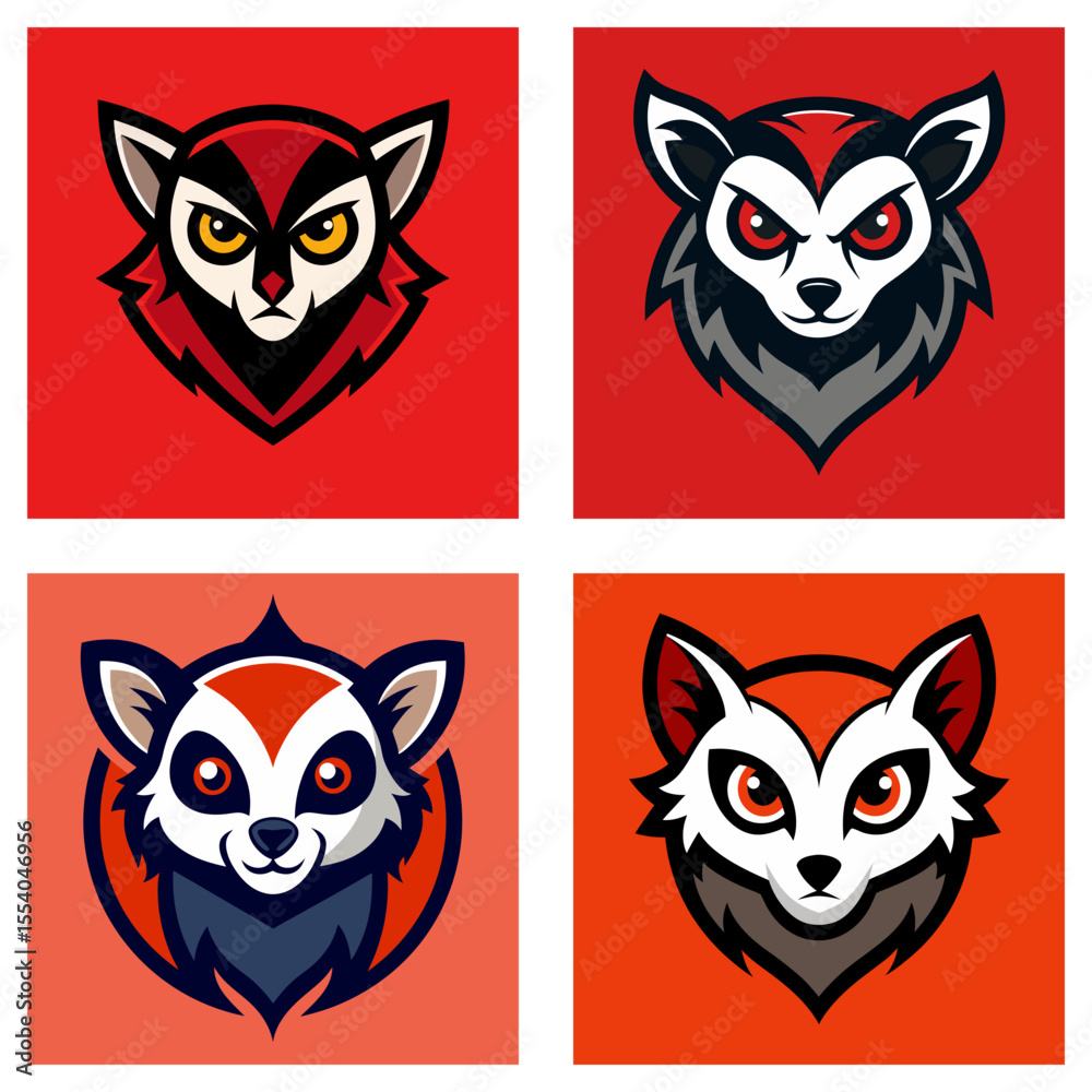 Obraz premium Four stylized animal portraits displayed in a grid format with distinct color backgrounds and designs
