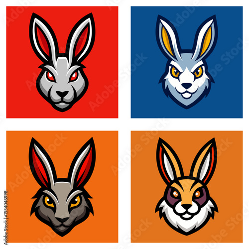 Four square images displaying rabbit head logos with different color schemes and backgrounds shown here