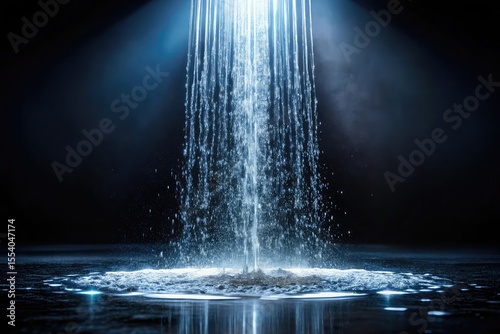 Powerful blue light illuminates cascading water streams onto a dark reflective surface