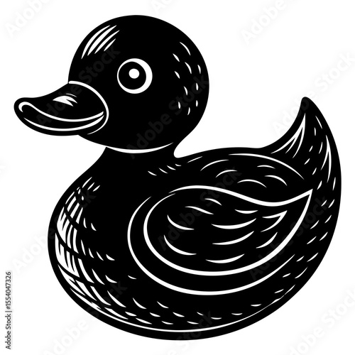 Black and white silhouette of a classic rubber duck toy for bath time