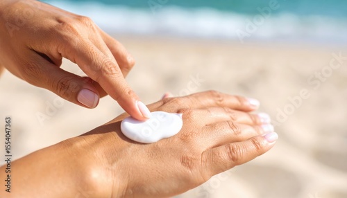 Woman Applying Sunscreen On Hands At Beach