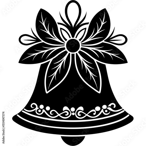 Decorative black and white bell with floral ornament and leafy bow