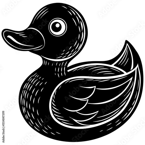 Stylized black and white illustration of a classic rubber duck toy