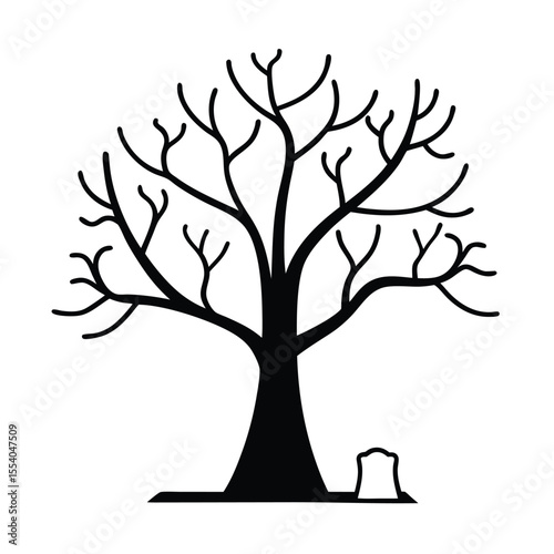 A solitary ancient tree with weathered tombstones nestled at its roots set against a stark white background symbolizing remembrance and the passage of time