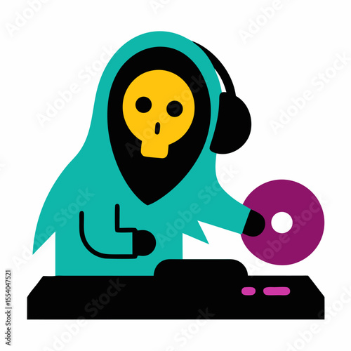 A ghost DJing, wearing headphones, with a turntable vector icon on white background.