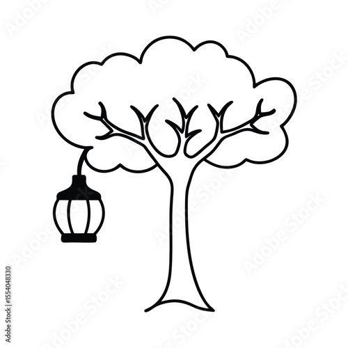 Whimsical illustration of a tree adorned with a glowing pumpkin lantern set against a clean white background perfect for autumn celebrations