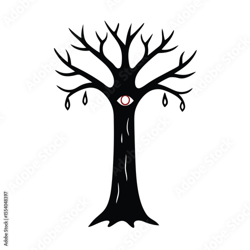 Creepy tree trunk with unsettling carved eyes that appear to be weeping blood set against a clean white background a unique graphic illustration