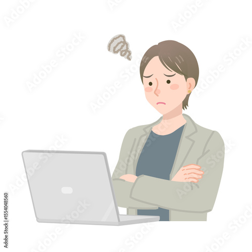 PC画面を見て悩むキャリアウーマン