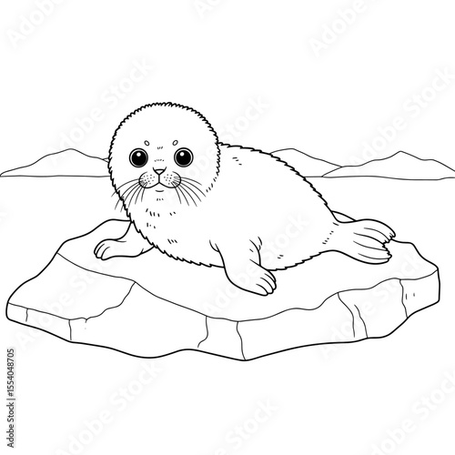 A cute seal pup lies on an ice floe, gazing up with big round eyes against a snowy mountain backdrop.