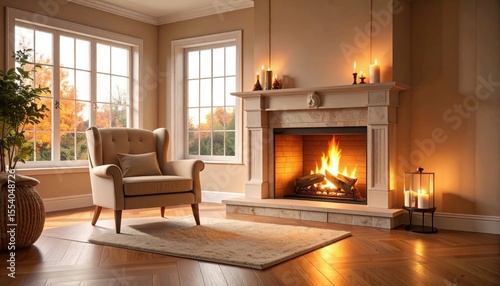 Cozy Living Room With Fireplace And Autumn View