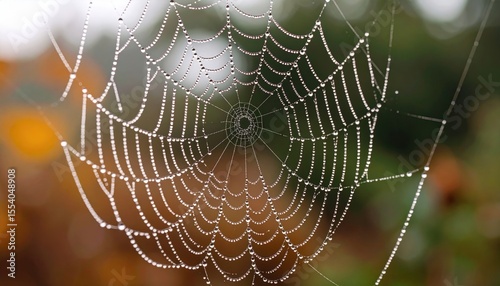 Dewdrops On Spider Web In Autumn Forest