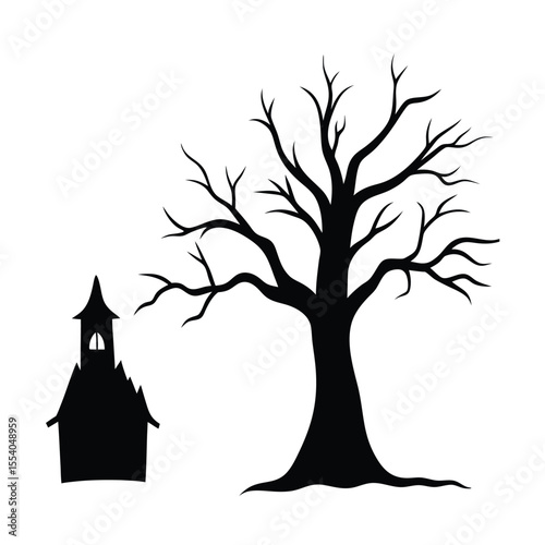 Spooky haunted house with an eerie glowing tree creates a mysterious and unsettling atmosphere for halloween celebrations