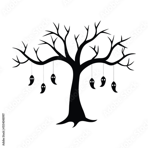 Whimsical halloween illustration featuring a bare tree with multiple spooky ghost silhouettes hanging from its branches against a clean white background perfect for seasonal decor