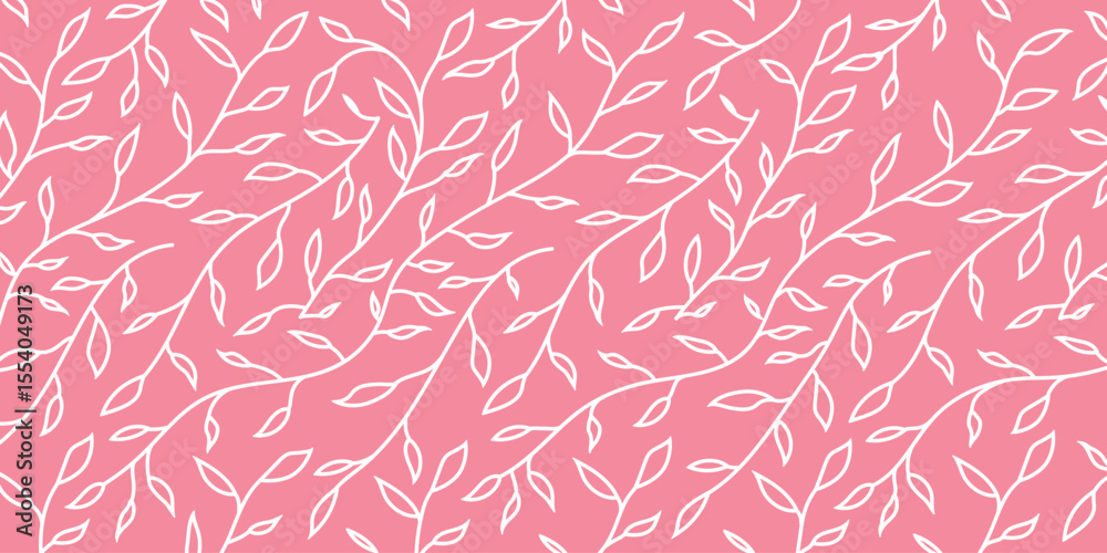 Fototapeta premium Seamless outline leaf pattern on pink background. Elegant botanical vector perfect for fabric, wallpaper, packaging, stationery, nature themes, and spring or feminine design projects.