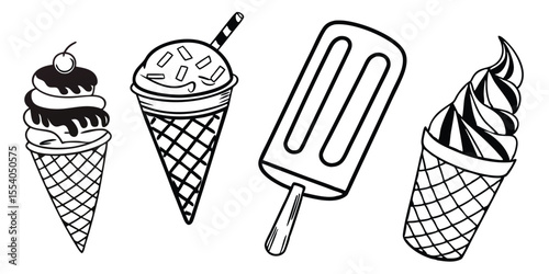 Frozen Treat Outline Icons – Ice Cream Cones, Popsicles & Cup Desserts