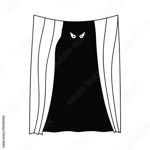 Mysterious vampire lurking behind a draped curtain its eyes glowing intensely with an eerie supernatural light against a stark white background