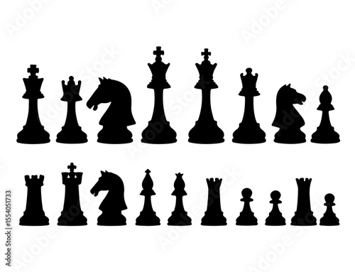 Silhouette Chess Pieces Set on White Background