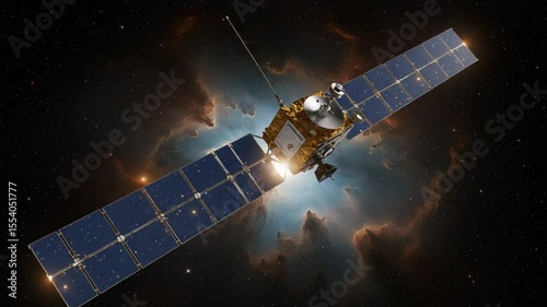 Satellite exploring cosmic nebula with solar panels extended