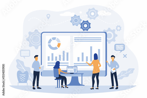 vector business data analytics research and Data Scientist concept. set illustration design marketing team meeting and working on report dashboard monitor. business finance investment planning
