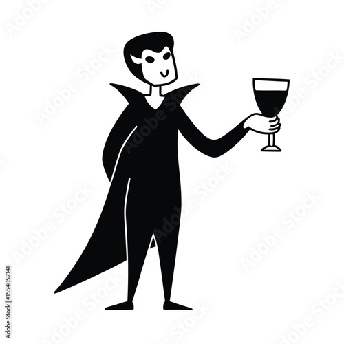 Mysterious vampire silhouette holding a goblet filled with dark red blood against a clean white background perfect for halloween themes