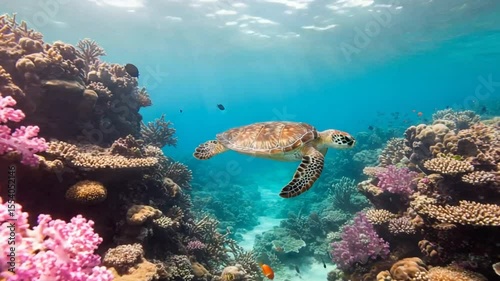 Sea turtle swimming among vibrant coral reefs in clear water