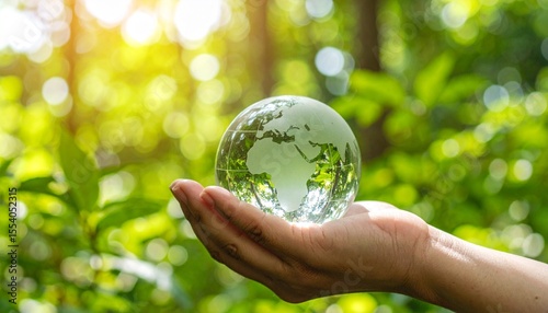 Hand holding transparent globe with green leaves, symbolizing environmental responsibility, climate action, and sustainable global vision