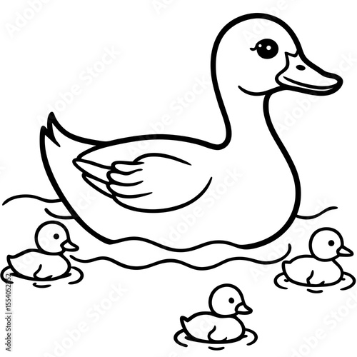 Cute cartoon mother duck and ducklings swimming together in the water