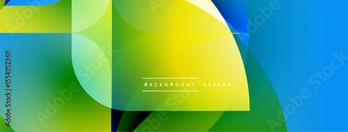 Abstract geometric composition. Vibrant gradients blend blues, greens, yellows. Modern design suggests energy, flow, innovation. Minimalist aesthetic.