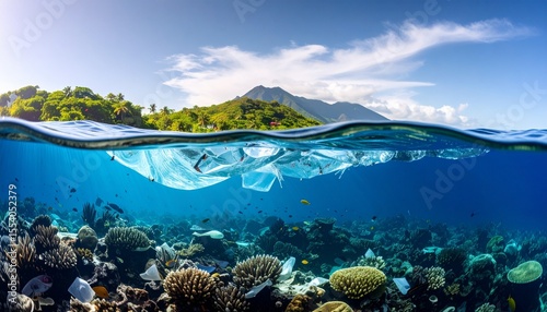 Ocean wave made of plastic waste transforming into clean water as it touches a coral reef, metaphor for ocean cleanup and restoration