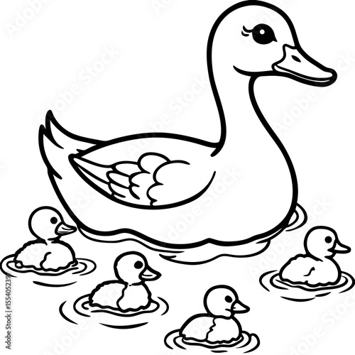 Cute cartoon mother duck and her ducklings swimming in the water