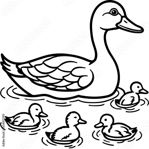 Adorable mother duck and her ducklings swimming together in the water