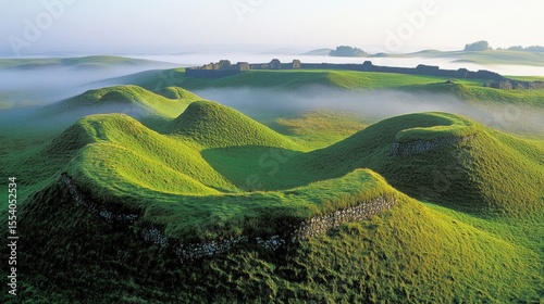 Mystical landscape with ancient ruins nestled amongst rolling green hills at dawn