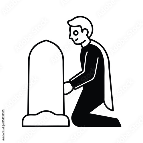 A solitary vampire in dark attire kneels mournfully at a weathered tombstone set against a stark white background evoking themes of eternal sorrow and remembrance