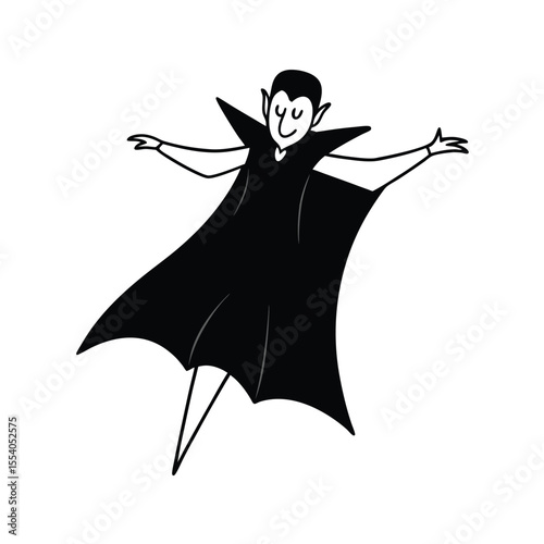 Mysterious vampire figure in a long flowing cloak suspended in the air against a clean white background gothic fantasy art