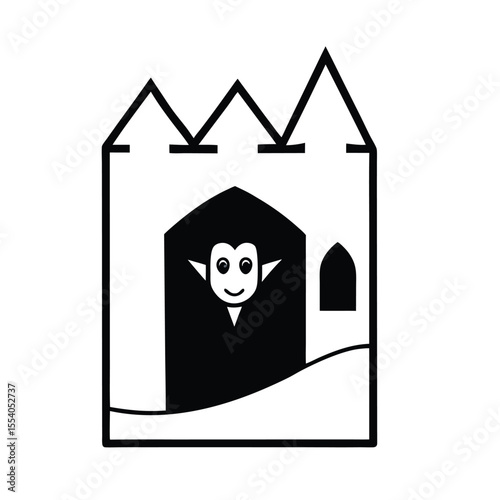 Mysterious vampire silhouette peering out of a dark ancient castle window on a clean white background evoking gothic horror and suspense