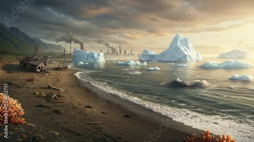 Serene coastal landscape with icebergs and distant city skyline